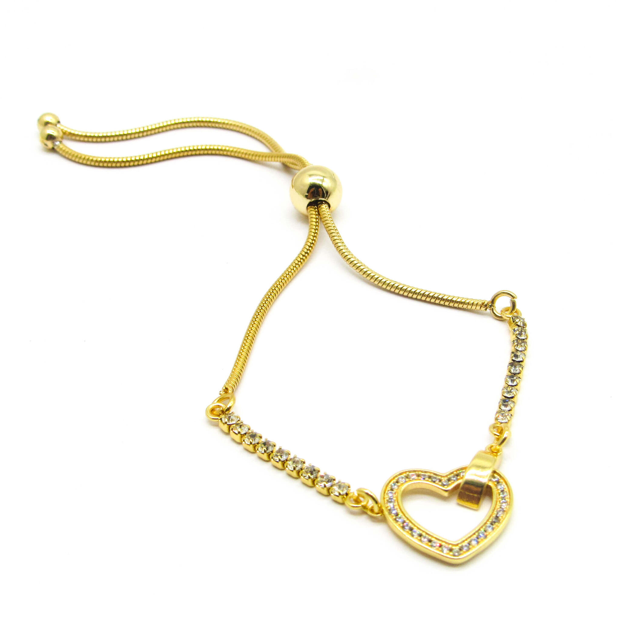 PULSERA AJUSTABLE CORAZON PIEDRAS /ACERO DORADO